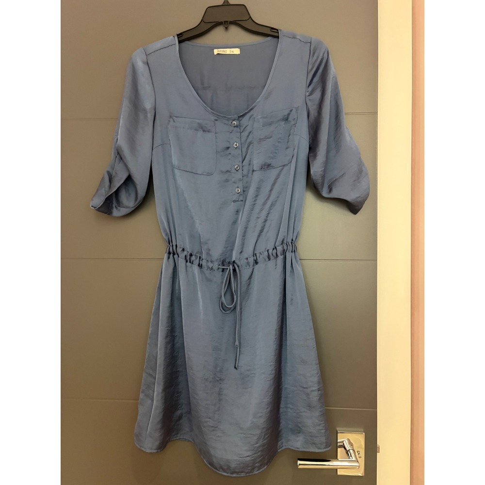 Old‎ Navy Womens Blue Satin Utility Shirt Dress Size M Drawstring Waist Roll Tab